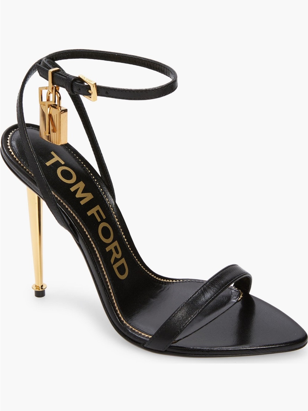 Tom Ford Black Strappy Heels with Gold Accents